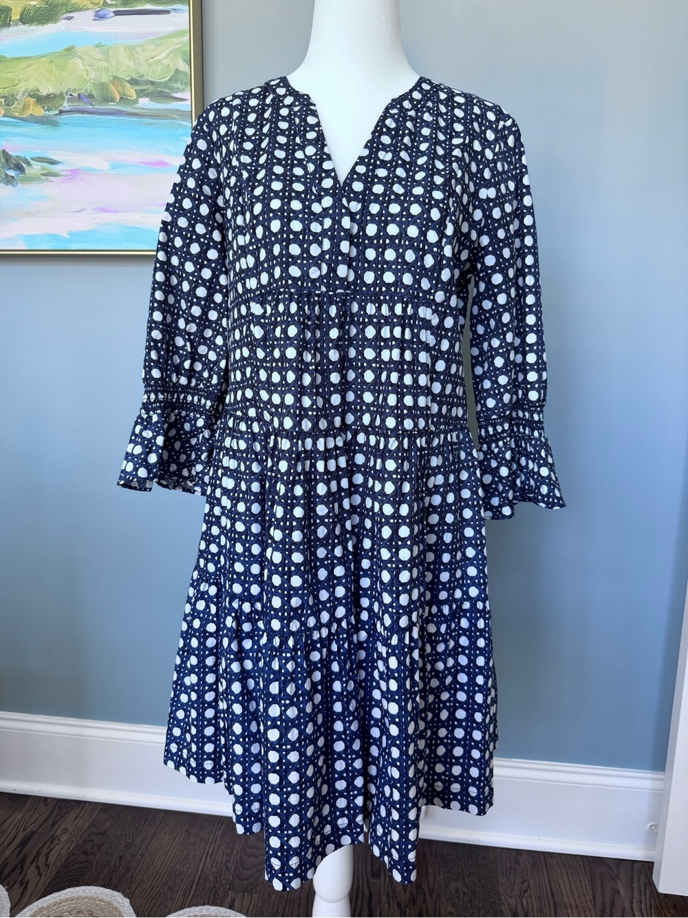 crown & ivy Navy and White lattice print three quarter sleeve dress size XS